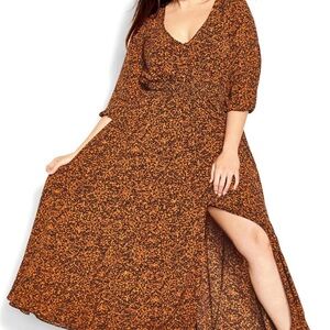 CITY CHIC Warm Earth Tone Full Skirt Flowy Dress 3/4 Puff Sleeve Button Down